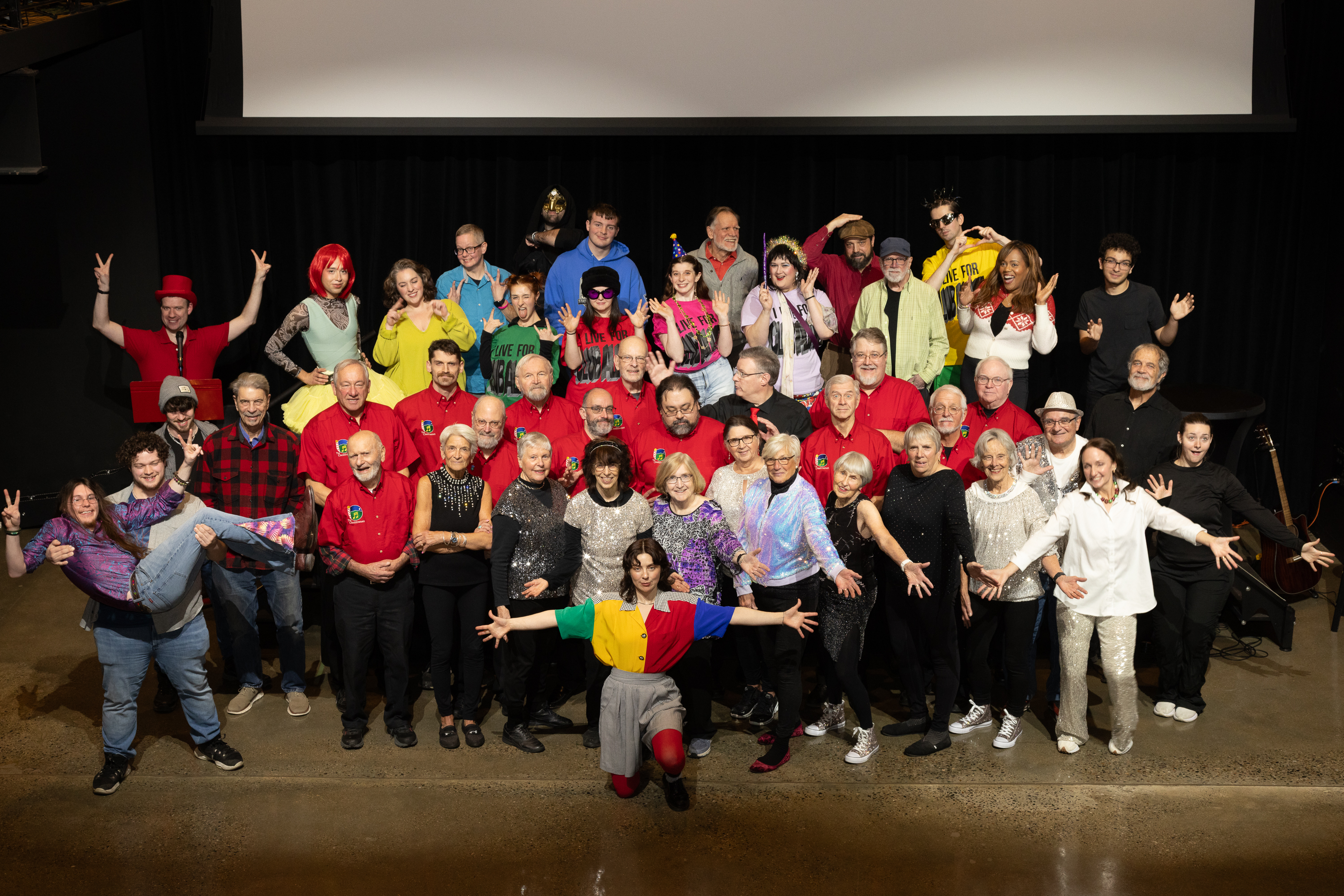 Performers and community members together after Club Alive!, the 2025 SPAR(K) residency at the Colonial Theater; photo credit Dan White